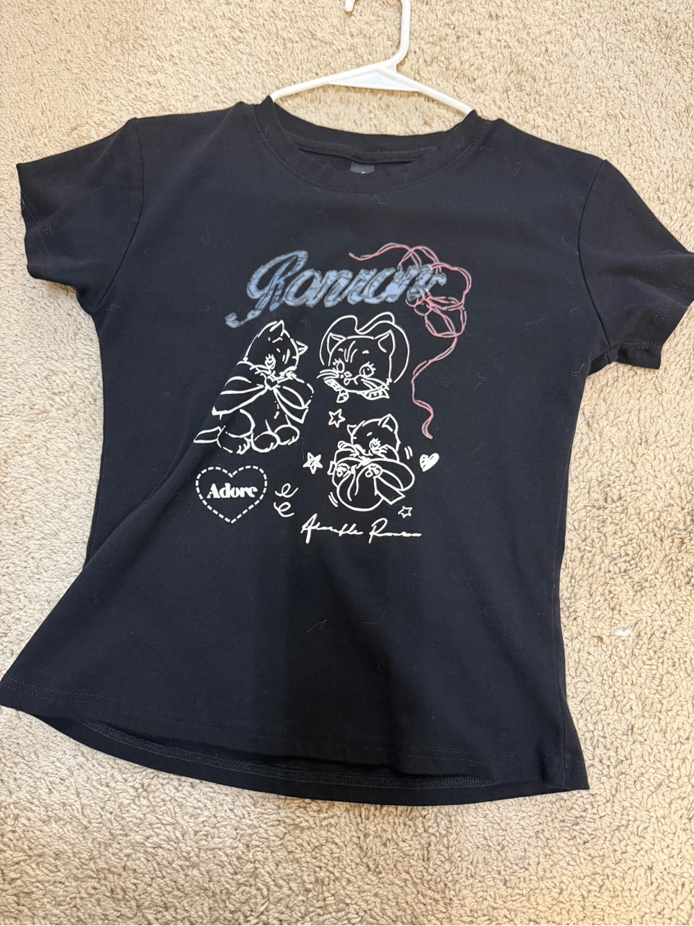 Adore Black Short Sleeve Tee with White & Pink Cat Graphics